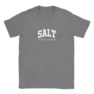Salt T Shirt which features white text centered on the chest which says the Village name Salt in varsity style arched writing with England printed underneath.
