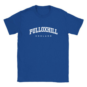 Pulloxhill T Shirt which features white text centered on the chest which says the Village name Pulloxhill in varsity style arched writing with England printed underneath.