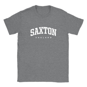 Saxton T Shirt which features white text centered on the chest which says the Village name Saxton in varsity style arched writing with England printed underneath.