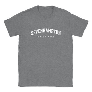 Sevenhampton T Shirt which features white text centered on the chest which says the Village name Sevenhampton in varsity style arched writing with England printed underneath.