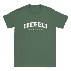 Shedfield T Shirt which features white text centered on the chest which says the Village name Shedfield in varsity style arched writing with England printed underneath.