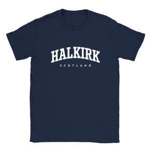 Halkirk T Shirt which features white text centered on the chest which says the Village name Halkirk in varsity style arched writing with Scotland printed underneath.
