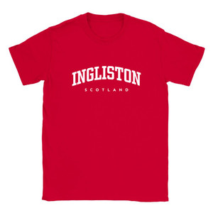 Ingliston T Shirt which features white text centered on the chest which says the Village name Ingliston in varsity style arched writing with Scotland printed underneath.