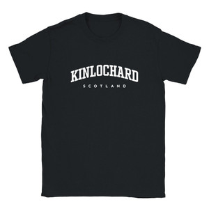 Kinlochard T Shirt which features white text centered on the chest which says the Village name Kinlochard in varsity style arched writing with Scotland printed underneath.