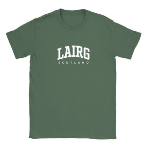 Lairg T Shirt which features white text centered on the chest which says the Village name Lairg in varsity style arched writing with Scotland printed underneath.