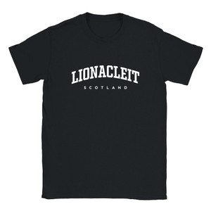 Lionacleit T Shirt which features white text centered on the chest which says the Village name Lionacleit in varsity style arched writing with Scotland printed underneath.