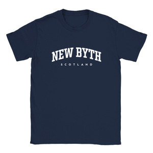 New Byth T Shirt which features white text centered on the chest which says the Village name New Byth in varsity style arched writing with Scotland printed underneath.