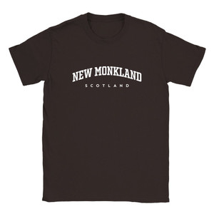 New Monkland T Shirt which features white text centered on the chest which says the Village name New Monkland in varsity style arched writing with Scotland printed underneath.