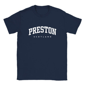 Preston T Shirt which features white text centered on the chest which says the Village name Preston in varsity style arched writing with Scotland printed underneath.