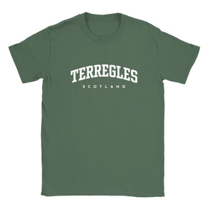 Terregles T Shirt which features white text centered on the chest which says the Village name Terregles in varsity style arched writing with Scotland printed underneath.