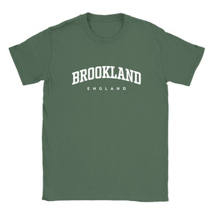 Brookland T Shirt which features white text centered on the chest which says the Village name Brookland in varsity style arched writing with England printed underneath.