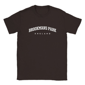 Brookmans Park T Shirt which features white text centered on the chest which says the Village name Brookmans Park in varsity style arched writing with England printed underneath.