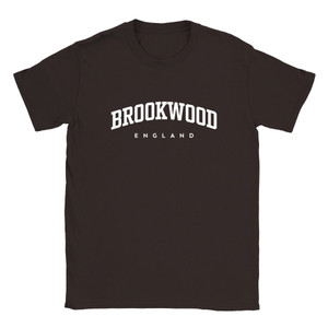 Brookwood T Shirt which features white text centered on the chest which says the Village name Brookwood in varsity style arched writing with England printed underneath.