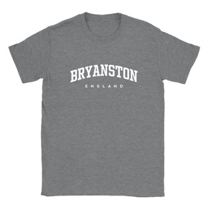 Bryanston T Shirt which features white text centered on the chest which says the Village name Bryanston in varsity style arched writing with England printed underneath.