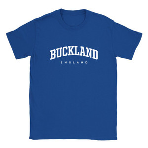 Buckland T Shirt which features white text centered on the chest which says the Village name Buckland in varsity style arched writing with England printed underneath.