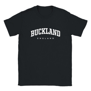 Buckland T Shirt which features white text centered on the chest which says the Village name Buckland in varsity style arched writing with England printed underneath.