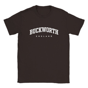 Buckworth T Shirt which features white text centered on the chest which says the Village name Buckworth in varsity style arched writing with England printed underneath.