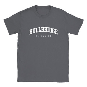 Bullbridge T Shirt which features white text centered on the chest which says the Village name Bullbridge in varsity style arched writing with England printed underneath.