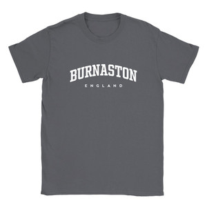 Burnaston T Shirt which features white text centered on the chest which says the Village name Burnaston in varsity style arched writing with England printed underneath.