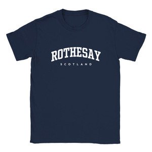Rothesay T Shirt which features white text centered on the chest which says the Town name Rothesay in varsity style arched writing with Scotland printed underneath.