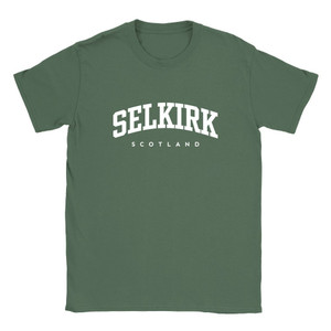 Selkirk T Shirt which features white text centered on the chest which says the Town name Selkirk in varsity style arched writing with Scotland printed underneath.