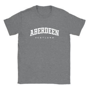 Aberdeen T Shirt which features white text centered on the chest which says the City name Aberdeen in varsity style arched writing with Scotland printed underneath.