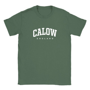 Calow T Shirt which features white text centered on the chest which says the Village name Calow in varsity style arched writing with England printed underneath.