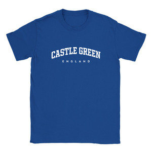 Castle Green T Shirt which features white text centered on the chest which says the Village name Castle Green in varsity style arched writing with England printed underneath.