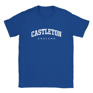 Castleton T Shirt which features white text centered on the chest which says the Village name Castleton in varsity style arched writing with England printed underneath.