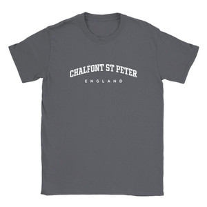 Chalfont St Peter T Shirt which features white text centered on the chest which says the Village name Chalfont St Peter in varsity style arched writing with England printed underneath.
