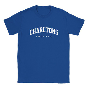 Charltons T Shirt which features white text centered on the chest which says the Village name Charltons in varsity style arched writing with England printed underneath.