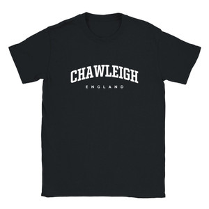 Chawleigh T Shirt which features white text centered on the chest which says the Village name Chawleigh in varsity style arched writing with England printed underneath.