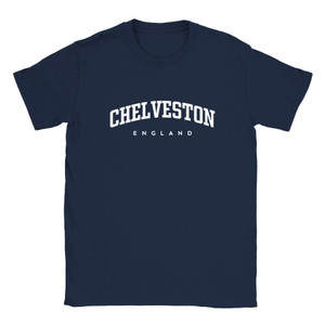Chelveston T Shirt which features white text centered on the chest which says the Village name Chelveston in varsity style arched writing with England printed underneath.