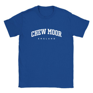Chew Moor T Shirt which features white text centered on the chest which says the Village name Chew Moor in varsity style arched writing with England printed underneath.
