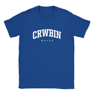 Crwbin T Shirt which features white text centered on the chest which says the Village name Crwbin in varsity style arched writing with Wales printed underneath. Crwbin T Shirt which features white text centered on the chest which says the Village name Crwbin in varsity style arched writing with Wales printed underneath.