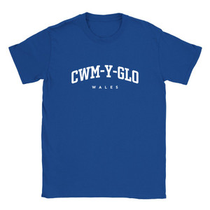 Cwm-y-glo T Shirt which features white text centered on the chest which says the Village name Cwm-y-glo in varsity style arched writing with Wales printed underneath. Cwm-y-glo T Shirt which features white text centered on the chest which says the Village name Cwm-y-glo in varsity style arched writing with Wales printed underneath.