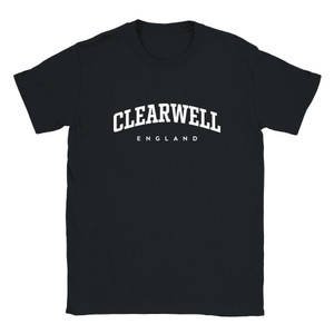Clearwell T Shirt which features white text centered on the chest which says the Village name Clearwell in varsity style arched writing with England printed underneath.