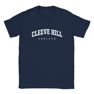 Cleeve Hill T Shirt which features white text centered on the chest which says the Village name Cleeve Hill in varsity style arched writing with England printed underneath.