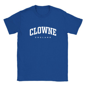 Clowne T Shirt which features white text centered on the chest which says the Village name Clowne in varsity style arched writing with England printed underneath.