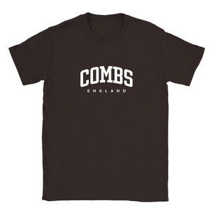Combs T Shirt which features white text centered on the chest which says the Village name Combs in varsity style arched writing with England printed underneath.