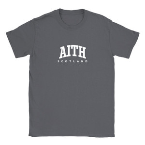 Aith T Shirt which features white text centered on the chest which says the Village name Aith in varsity style arched writing with Scotland printed underneath.