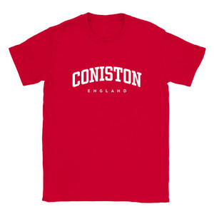 Coniston T Shirt which features white text centered on the chest which says the Village name Coniston in varsity style arched writing with England printed underneath.