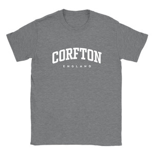 Corfton T Shirt which features white text centered on the chest which says the Village name Corfton in varsity style arched writing with England printed underneath.