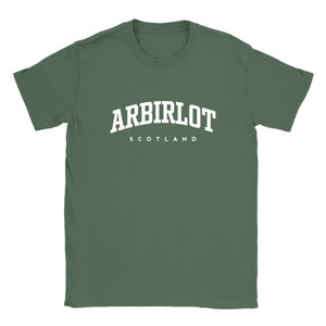 Arbirlot T Shirt which features white text centered on the chest which says the Village name Arbirlot in varsity style arched writing with Scotland printed underneath.