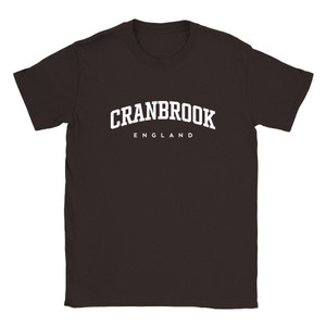 Cranbrook T Shirt which features white text centered on the chest which says the Village name Cranbrook in varsity style arched writing with England printed underneath.