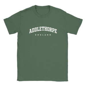Addlethorpe T Shirt which features white text centered on the chest which says the Village name Addlethorpe in varsity style arched writing with England printed underneath.