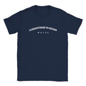 Llansantffraidd-ym-Mechain T Shirt which features white text centered on the chest which says the Village name Llansantffraidd-ym-Mechain in varsity style arched writing with Wales printed underneath. Llansantffraidd-ym-Mechain T Shirt which features white text centered on the chest which says the Village name Llansantffraidd-ym-Mechain in varsity style arched writing with Wales printed underneath.