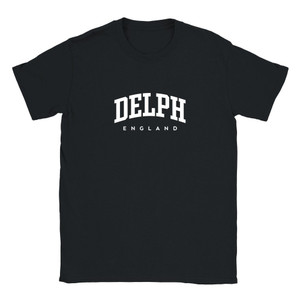 Delph T Shirt which features white text centered on the chest which says the Village name Delph in varsity style arched writing with England printed underneath.