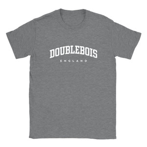 Doublebois T Shirt which features white text centered on the chest which says the Village name Doublebois in varsity style arched writing with England printed underneath.