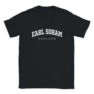 Earl Soham T Shirt which features white text centered on the chest which says the Village name Earl Soham in varsity style arched writing with England printed underneath.